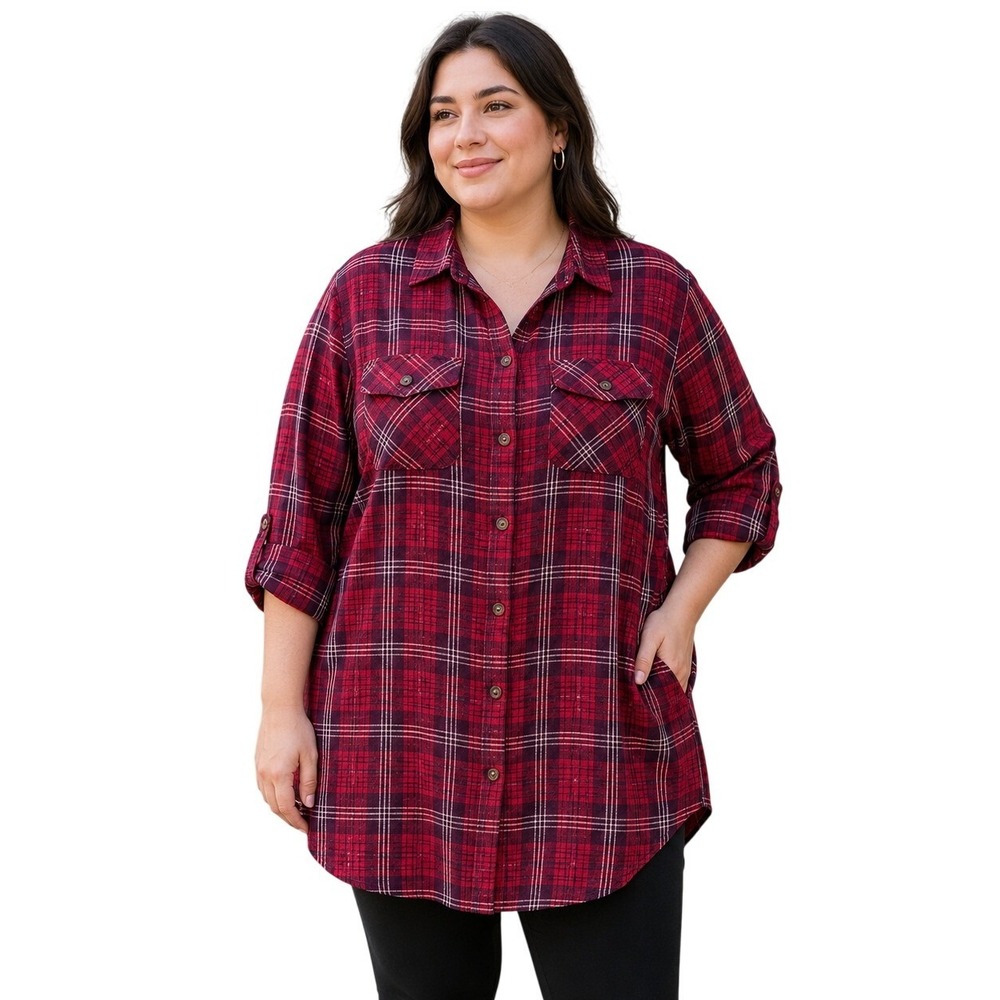 Torrid Red Plaid Roll-Tab Sleeve Gauze Button Down Tunic Shirt Plus Size 2‎
